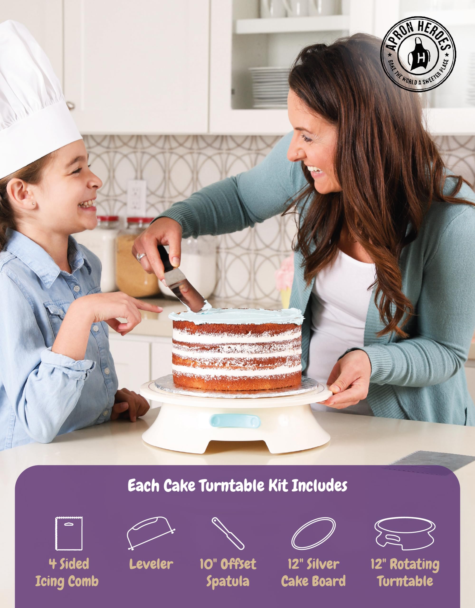 ForeverSmooth Cake Turntable Stand- Sturdiest Rotating Cake Leveler & Slicer. Decorating Supplies Kit w/Offset Spatula Set, Icing Bench Scraper, Cake Boards. 12 Inch White Spinner Baking Accessories