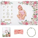 Yokakio Baby Monthly Milestone Blanket Girl, Milestone Blanket for Baby Girl, Track Growth and Age, Newborn Shower Gifts for Mom, Includes Floral Wreath & Pink Bow Headband, 60" X 40"