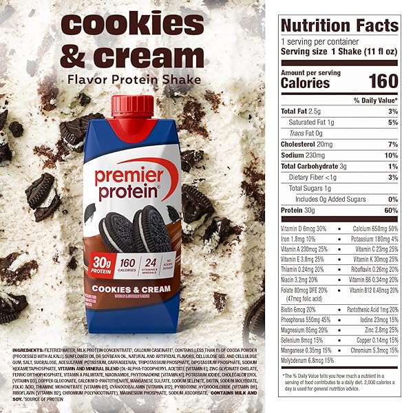PREMIER PROTEIN SHAKE, COOKIES & CREAM, 30G PROTEIN, NO ADDED SUGAR, 24 VITAMINS & MINERALS TO SUPPORT IMMUNE HEALTH, 11 FL OZ, 4 PACK