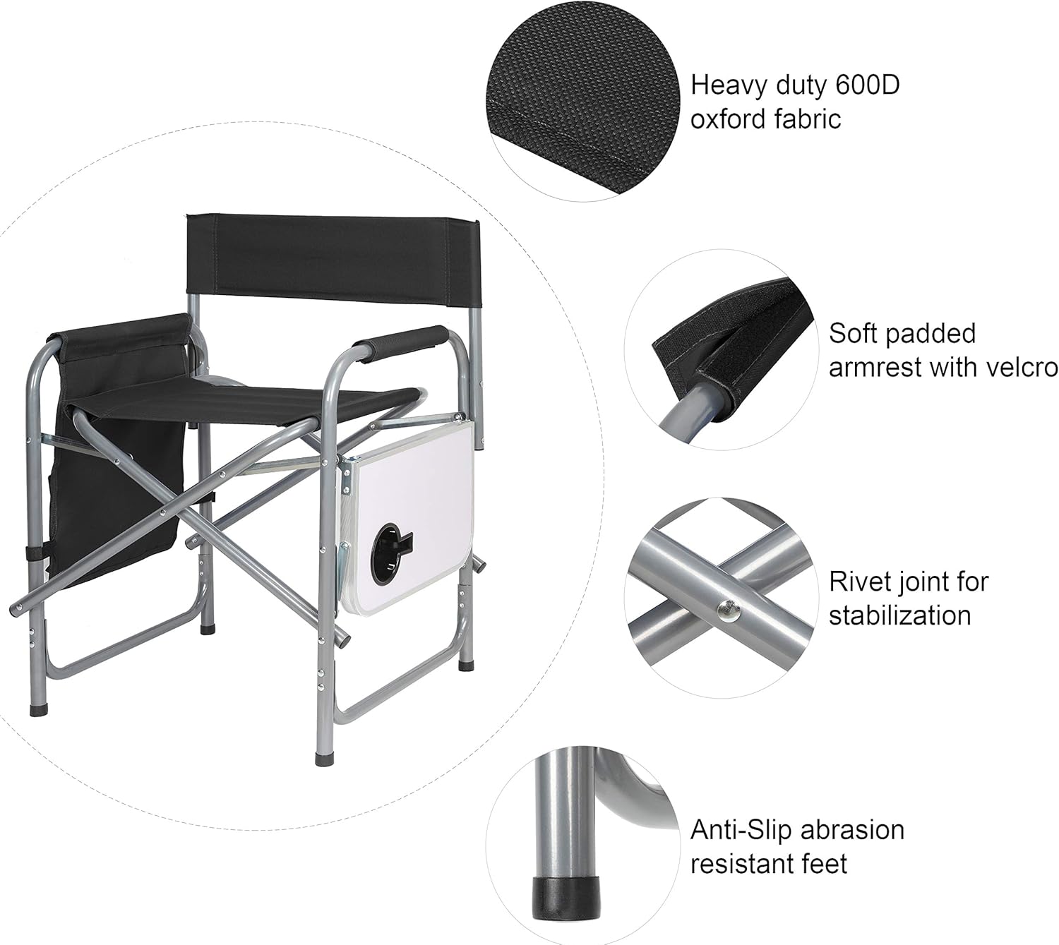 Ubon Steel Frame Portable Director's Chair - Ultra-Wide & Lightweight Seat with Collapsible Side Table & Pockets - Foldable Seat for Camping, Beach, Travel, Sports Games - 300lb Capacity - Dark Black : Sports & Outdoors