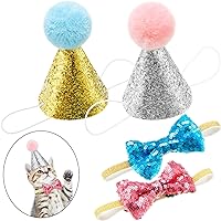SATINIOR 4 Pieces Cat Birthday Hat and Bowtie Cute Reusable Dog Pet Headwear Adjustable and Collar Dog Headband Topper for Ca