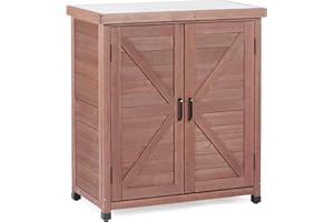 WOOD-NATRL Outdoor Potting Bench with Storage Cabinet and Metal Top, Wood Workstation for Outdoor Patio, Garden (Coffee Brown, 31x17x36‘’)