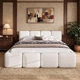 JIJIWANG Queen Size Platform Bed, Boucle Thick Headboard and Footboard, Upholstery Grounded Beds, Floor Bed Frame, Block Styl