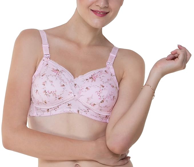 Women's Poly Cotton Soft Cup Full Coverage Front Button Nursing/Feeding Bra,Color-Baby Pink
