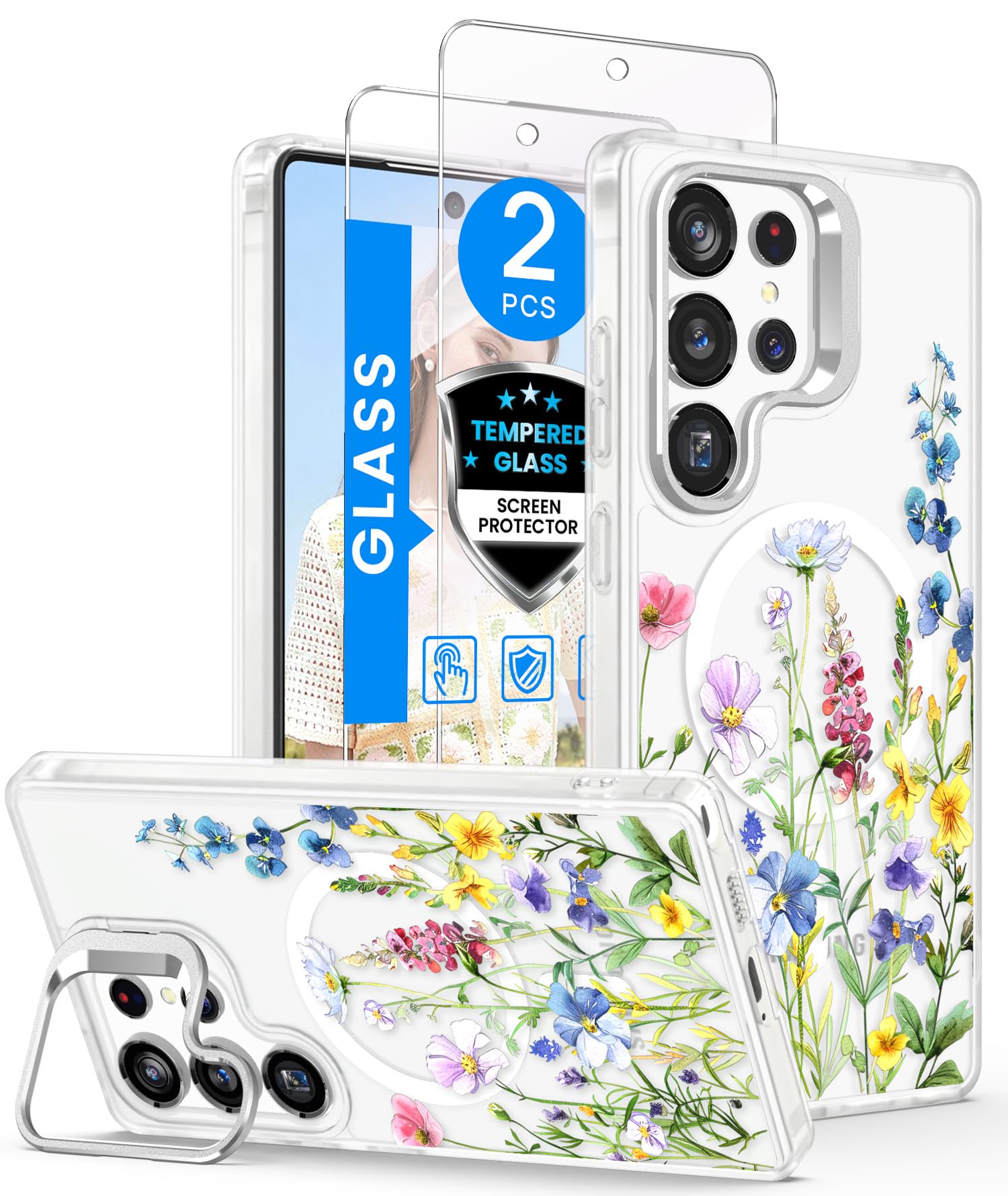 Dretal Magnetic for Samsung Galaxy S26 Ultra Case Floral,Screen Protector,Built-in Lens Ring Stand,Translucent Matte Magnetic Shockproof Flower Pattern Cover for Women Girls,Galaxy S26 Ultra(Florets)
