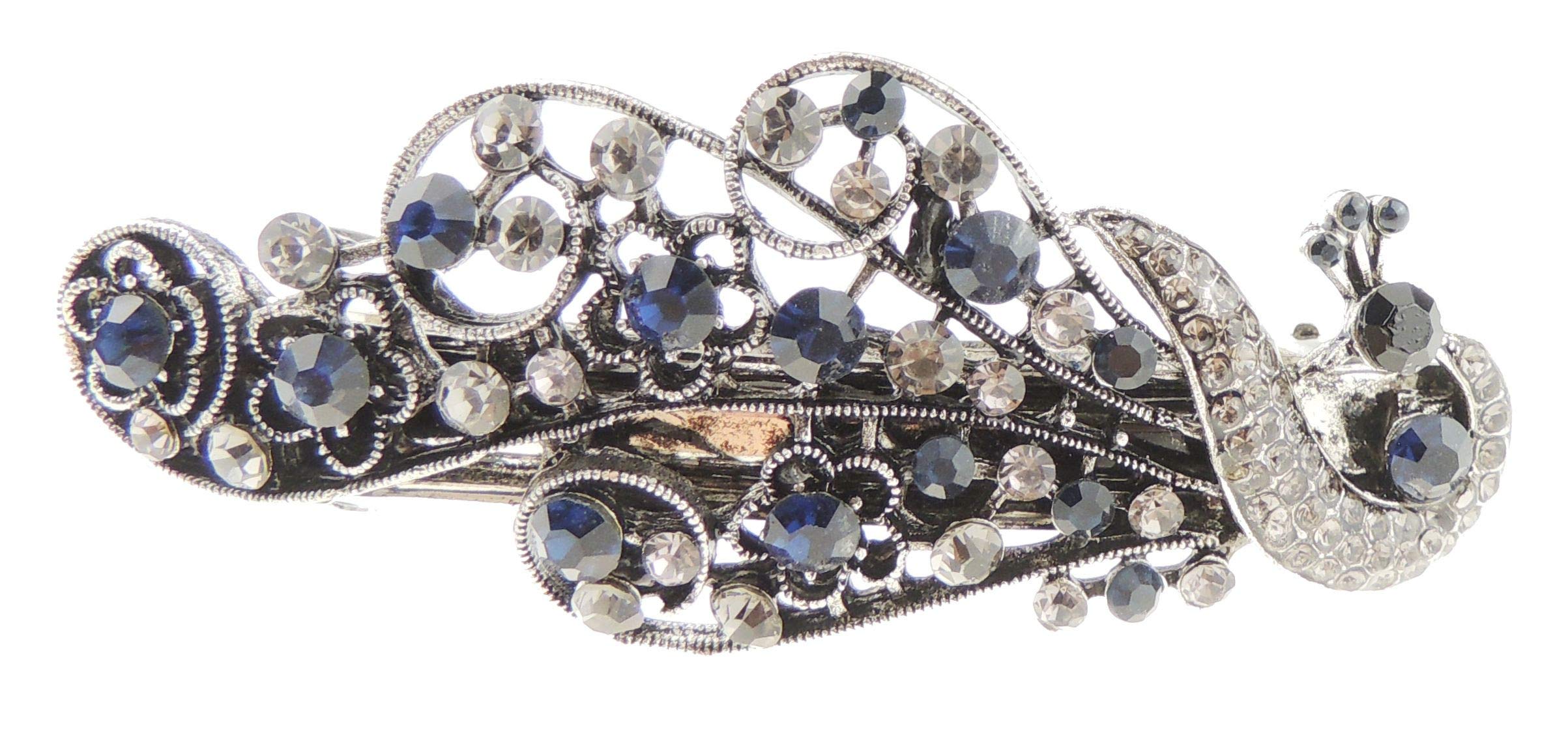 Womens Girls Crystal Rhinestone Diamante Wedding Birthday Party Evening Ponytail Hair Accessories Occasion Barrette Hairpin Vintage Look Dark Silver Tone Metal French Spring Clip Peacock (Blue)