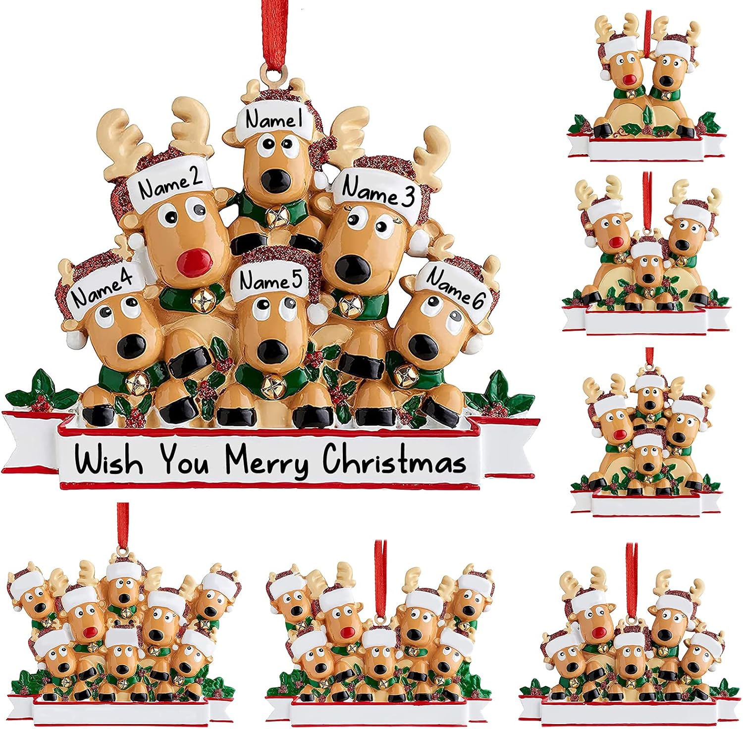 Ornaments - Personalized Deer Christmas Ornaments 2023 Family of 2,3,4,5,6,7,8 Custom Name Reindeer Xmas Ornament with Text,Customized Christmas Decoration Gifts - Family of 6
