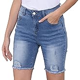 Yoinlia Women's Bermuda Jean Shorts Frayed Raw Hem Stretchy Casual Denim Shorts Denim Blue L