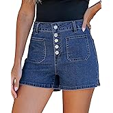 luvamia Jean Shorts Womens High Waisted Trendy Button Fly Patch Pocket Side Split Casual Summer Stretchy Denim Shorts