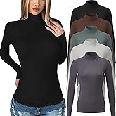 Chongbaijia 5 Pack Womens Long Sleeve Tops Mock Turtleneck Basic T Shirt Fall Stretch Tight Fitted Thermal Shirts