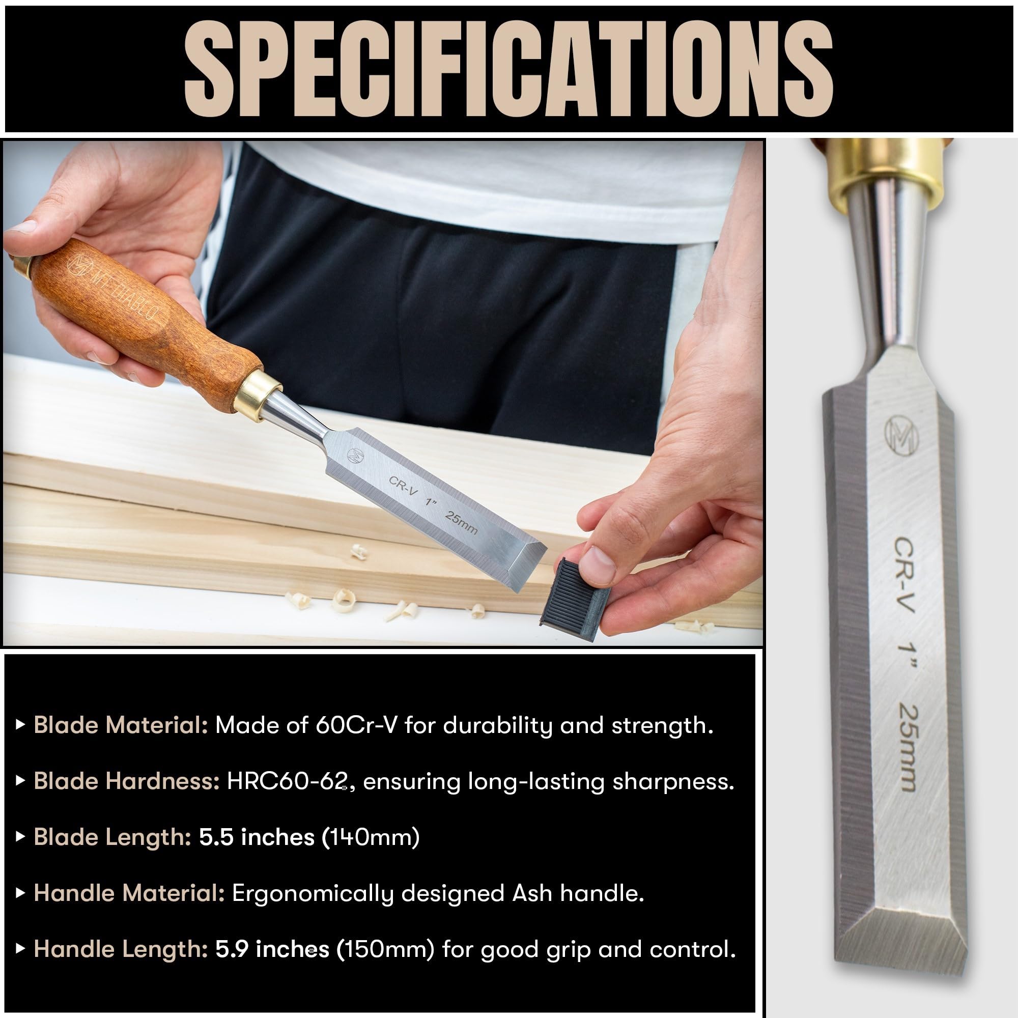 Mt Diablo Woodworking Tools 4 Piece Chisel Set - Premium CV60 Steel Wood Chisel Sets with Ergonomic Handles, Includes 1/4