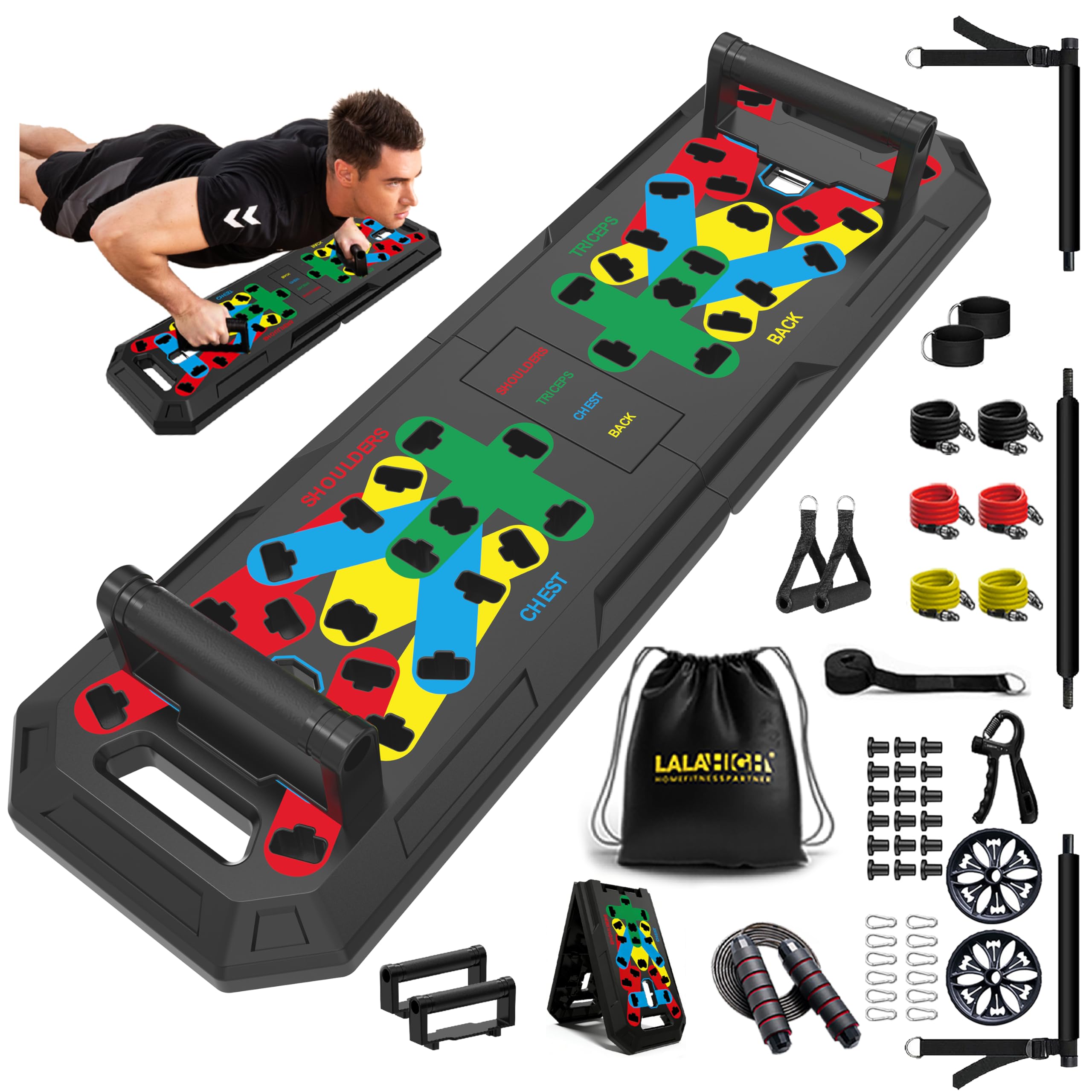 IUT Push Up Board, Portable Home Workout Equipment, All-in-One Fitness Exercise Equipment for Home Gym, Full Body Strength Training Equipment with Pilates Bar, Resistance Bands, Ab Roller for At Home Workout Image