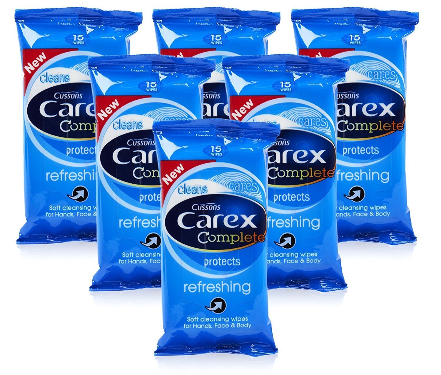 6x Cussons CAREX Refreshing Cleansing WIPES Hand Face & Body 15's Pocket Travel