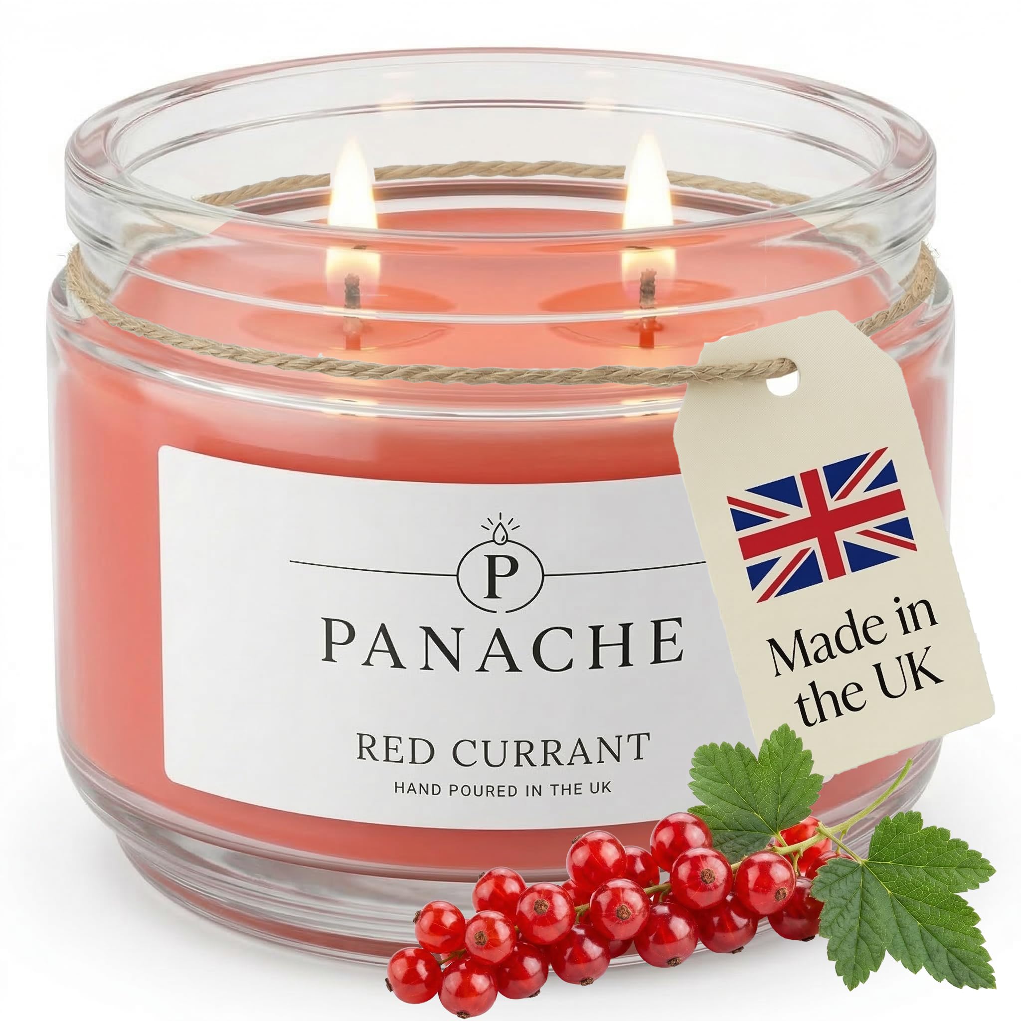 Panache Red Currant Scented Candle – Double Wick Soy Wax Candle, 48 Hour Burn Time, Hand Poured in UK, Clean Burning Cotton Wicks, Luxury Glass Jar Candle for Home Fragrance & Gifts (320g)