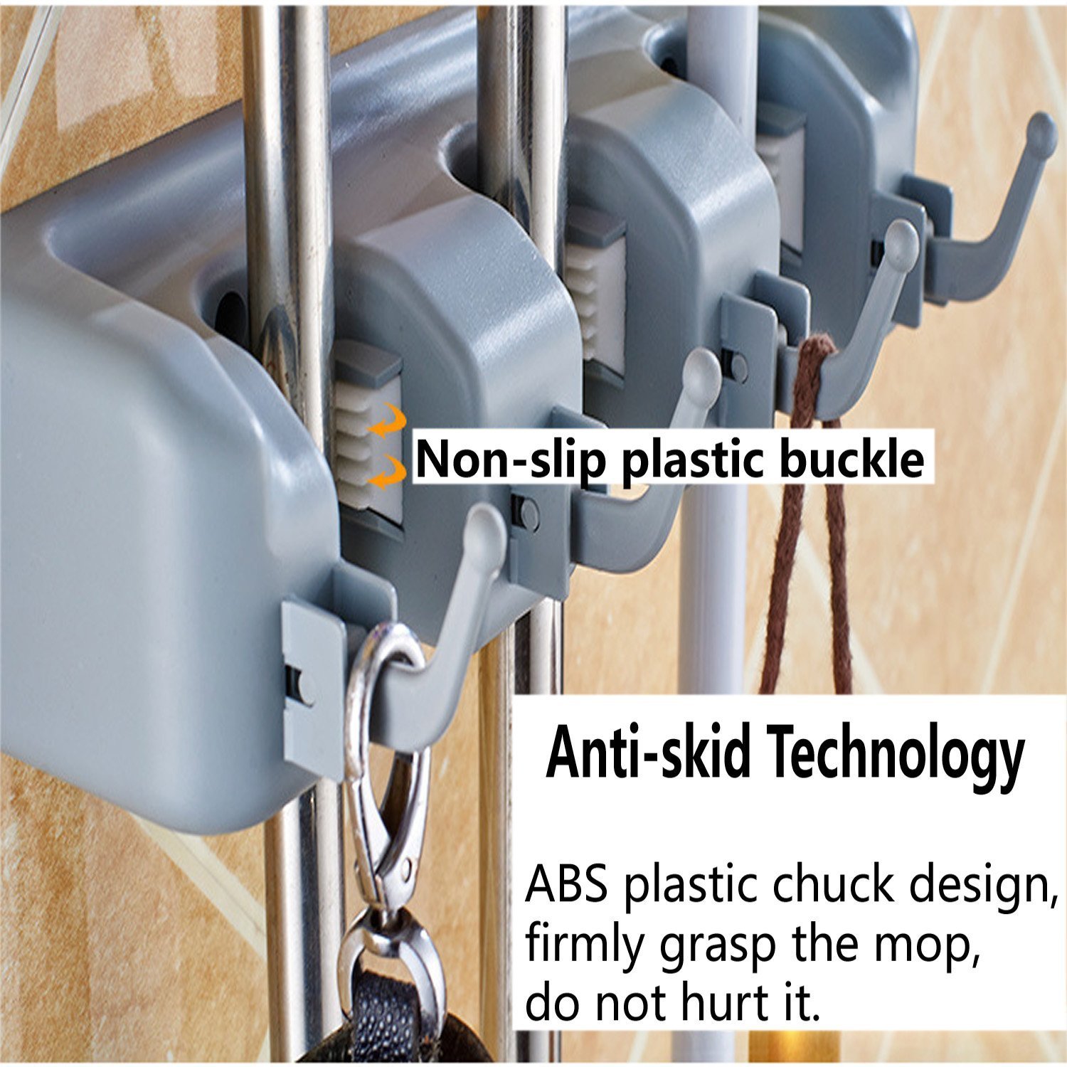 DayBuy Mop and Broom Holder Wall Closet Mounted with 5 Position and 6 Hooks Organizer Rakes Automatic Handle Grips Household Tool and Garage Storage Organization Racks