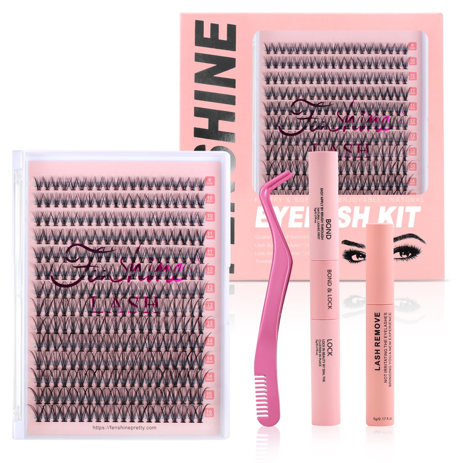 Fenshine Cluster Lashes Individual Lashes Wide Stem C/D Curl 9-16mm Length DIY Eyelash Extension Individual Soft False for Personal Use at Home (MIX 9-15mm, 30P Eyelash Kit with Remover)