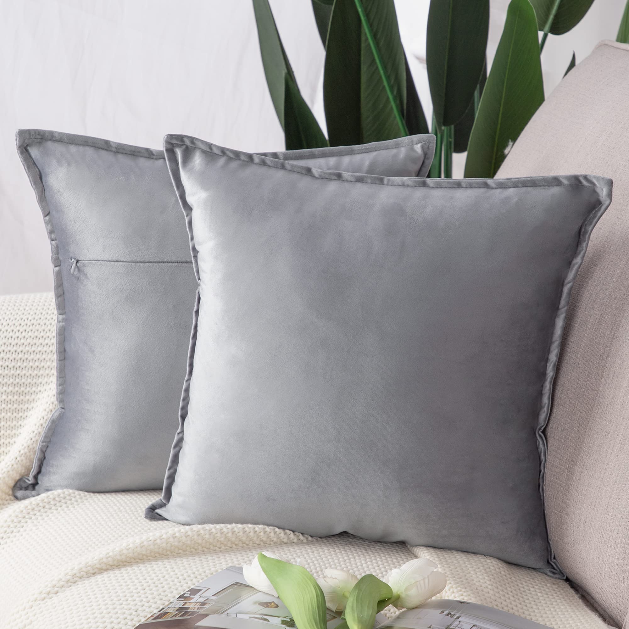 Madizz Pack of 2 Super Soft Velvet Decorative Cushion Covers with Fringe Luxury Style Cushion Case Pillow Shell for Sofa Bedroom Square Light Grey 20x20 inch, 50x50 cm