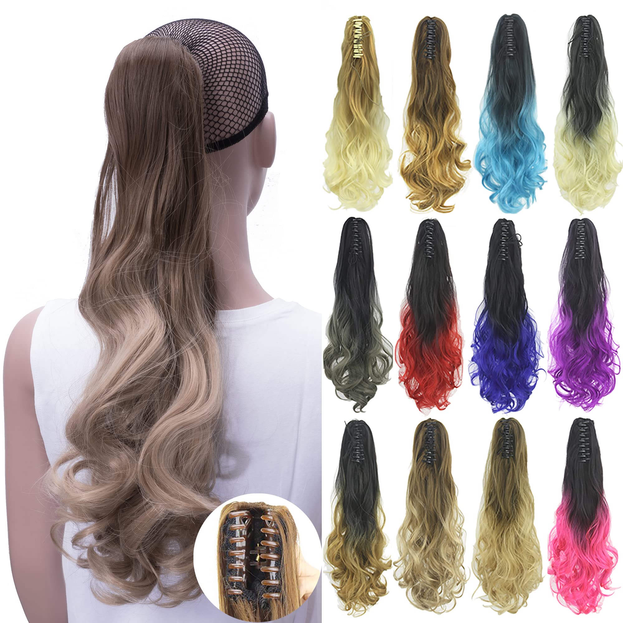 IMISSU Curly Ombre Color Claw Ponytail Hair Extensions Pony Tail Clip in Hairpiece (Ombre Dark Brown)