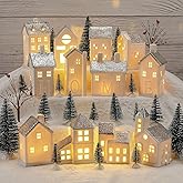 Zubebe 30 Pcs Winter Christmas Village Sets LED Christmas Village Houses Holiday Figurines Porcelain Xmas Collection Buildings Xmas Town Scene Indoor Room Decor (Silver,Simple Style)