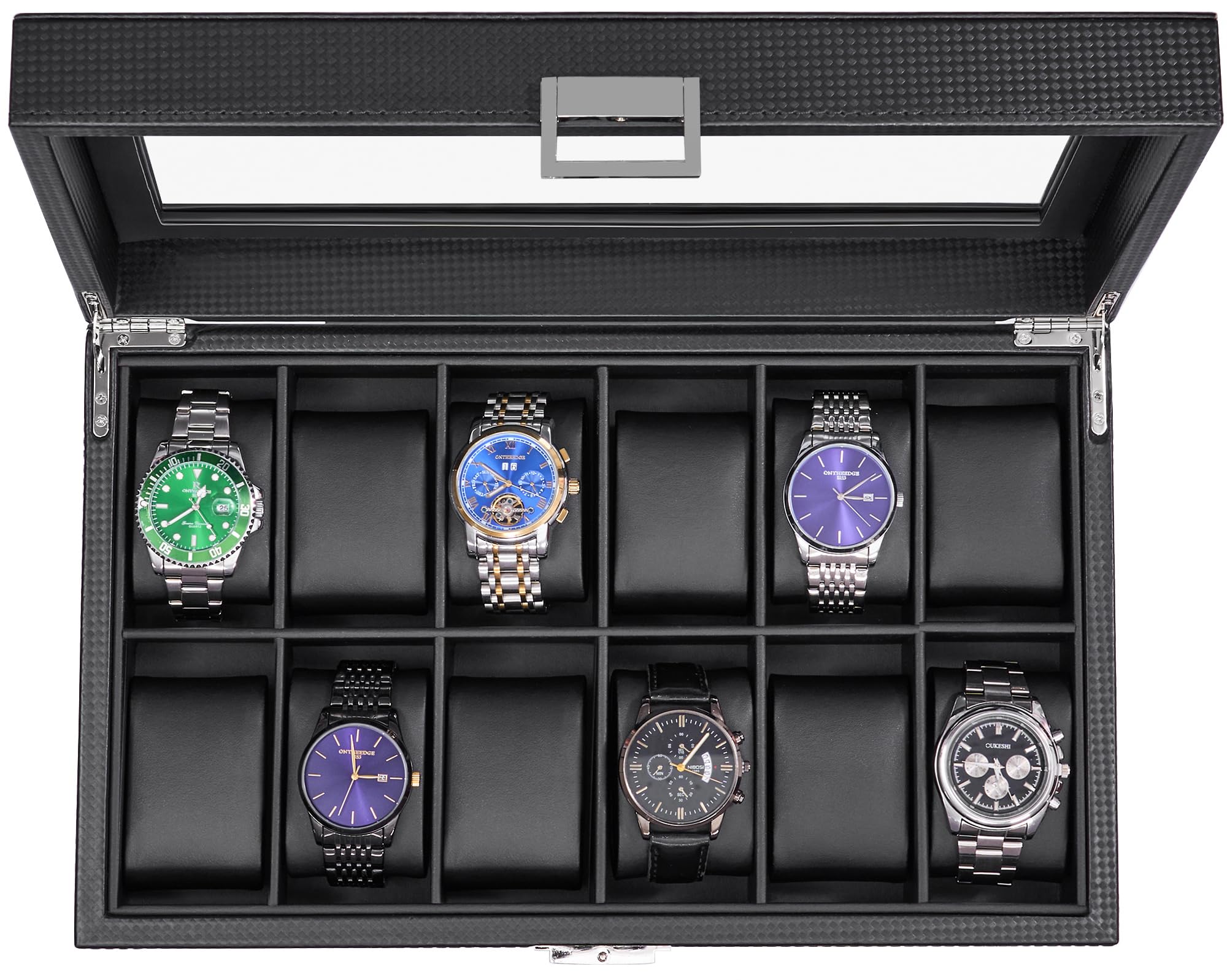 BEWISHOME Watch Case, 12-Slot Watch Box with Large Glass Lid, Watch Case for Men Watch Box Organizer, Mens Jewelry Box Removable Watch Pillows, Black Synthetic Leather, SSH08C