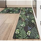 Kitchen Mats for Floor-Black Green Botanical Kitchen Rugs Set of 2 Plant Leaf,Anti-Fatigue Kitchen Mats,Non Slip Cushioned Co