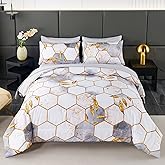 ANGIYUIN 7 Pieces White Gold Comforter Set Queen, Geometric Honeycomb Bedding Sets Hexagon Gold Trim Bed Sets, Ultra Soft Lightweight Bed in A Bag for Women Men (White Queen)