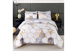 ANGIYUIN 7 Pieces White Gold Comforter Set Queen, Geometric Honeycomb Bedding Sets Hexagon Gold Trim Bed Sets, Ultra Soft Lightweight Bed in A Bag for Women Men (White Queen)