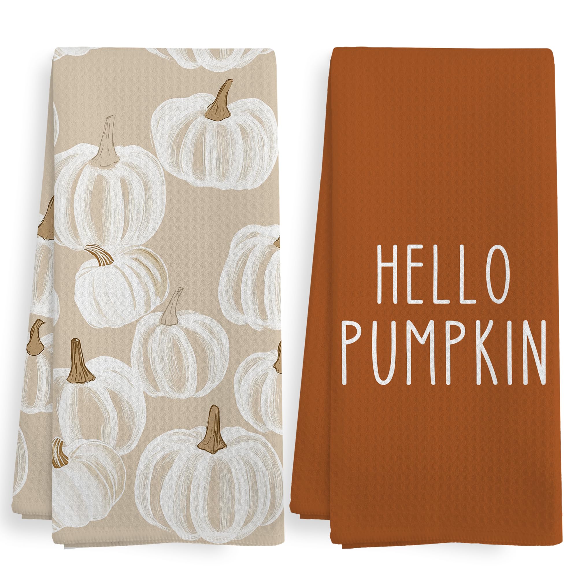 Photo 1 of XNXLDYLH Fall Hello Pumpkin Kitchen Towels and Dishcloths Sets of 2, Fall Burnt Orange Beige White Pumpkin Decor Dish Hand Tea Towels Gifts for Bathroom Kitchen, Autumn Aesthetic Fall Decor, 16x24 in