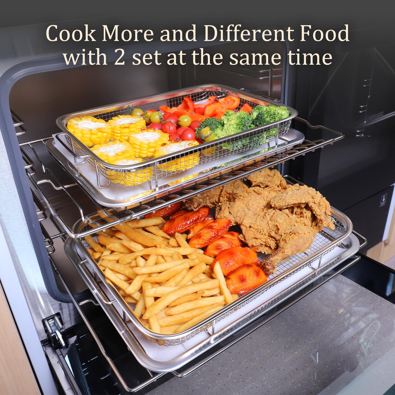 Baccooli Air Fryer Basket for Oven, Stainless Steel Oven Air Fryer Basket and Tray Set, 2 Pack Air Fryer Pan Rack with 100 Pcs Parchment Papers - 15