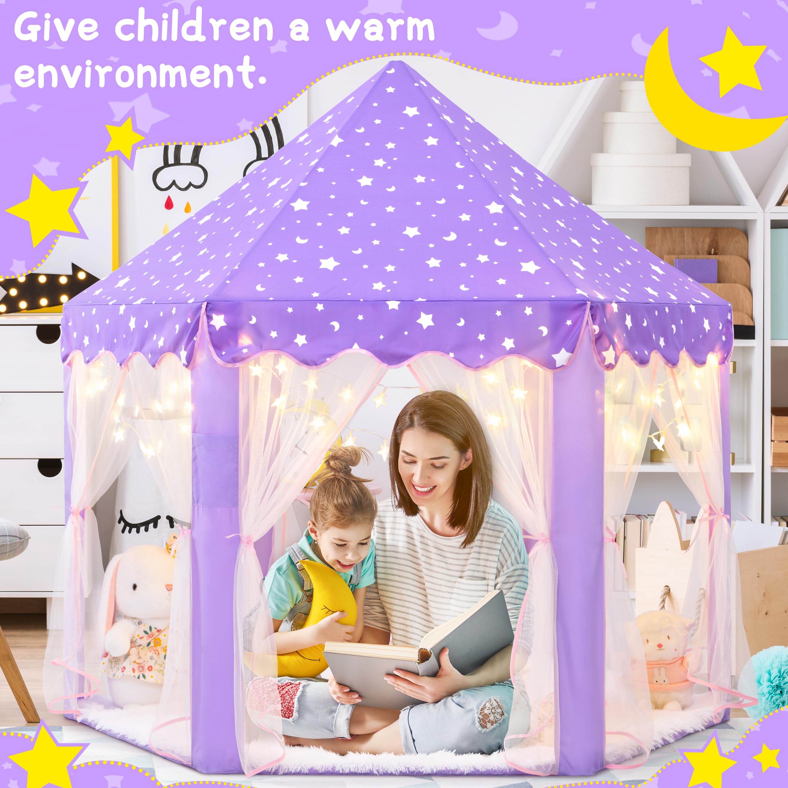 EVOIONOS Purple Tent for Girls, Kids Tent Indoor, Princess Tent with Star Lights, Girls Play Tent, Princess Castle Playhouse Tent, Little Girls Lavendar Tent, 55x53 Princess Tent for Girls