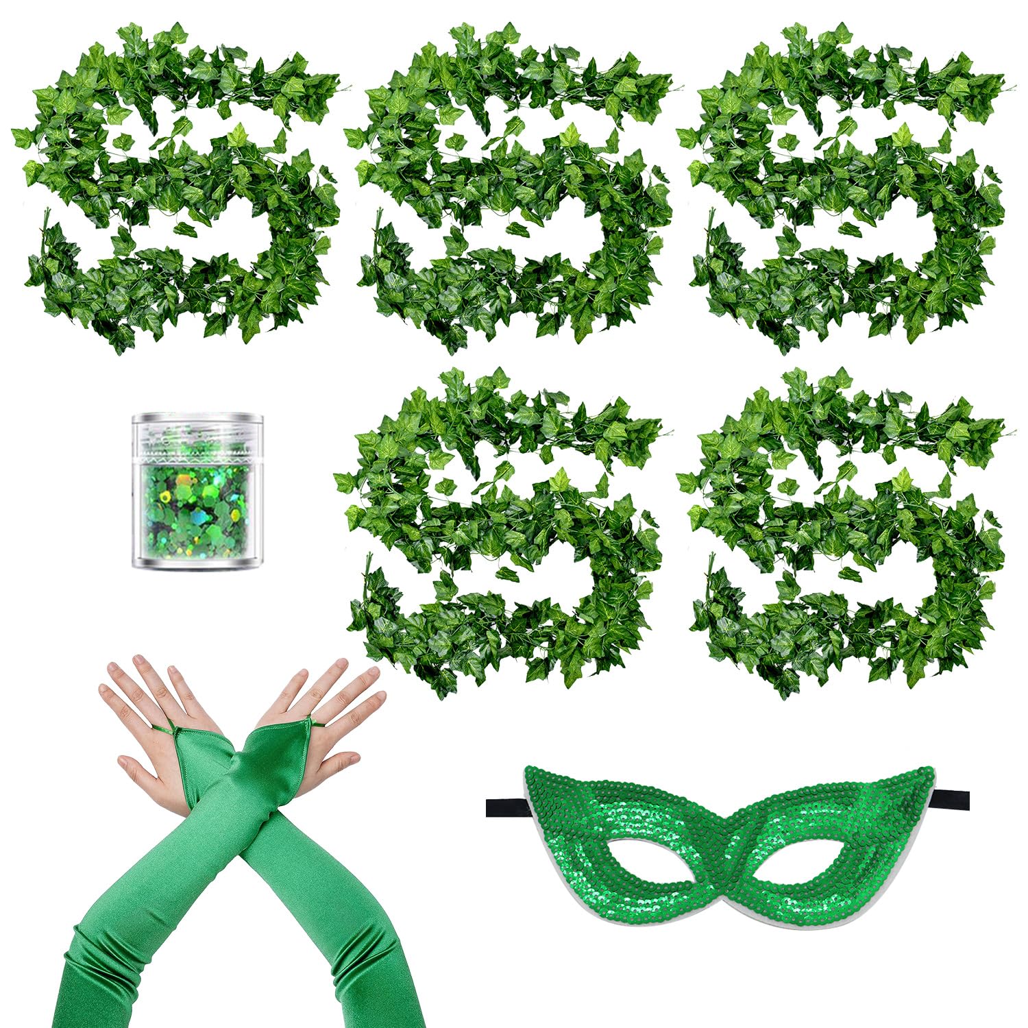 BORFUE 8Pcs Deluxe Costume Long Fingerless Gloves Artificial Ivy Vines Masks Fake Leaves Halloween Queen Party