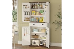 UPOSOJA Kitchen Storage Cabinet Pantry Cabinet Storage Cabinet with Drawer & Shelves, Freestanding Kitchen Pantry Cabinet with Barn Doors, Adjustable Shelves, for Kitchen, Living Room (White+Brown)
