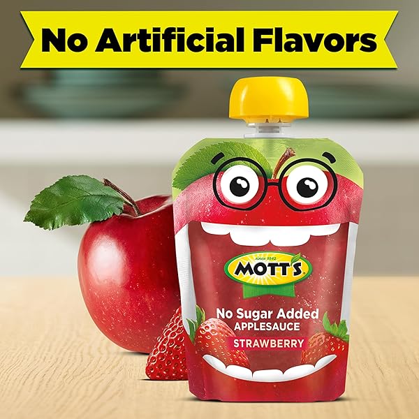 MOTT’S NO SUGAR ADDED STRAWBERRY APPLESAUCE, 3.2 OZ CLEAR POUCHES, 12 COUNT