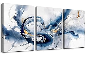 TTHYUEWS Abstract Wall Art For Living Room Canvas Wall Decor For Bedroom Office Decorations Minimalist Art Wall Pictures Blue Abstract Ink Wall Paintings Posters Modern Home Decor Artwork 3 Pieces