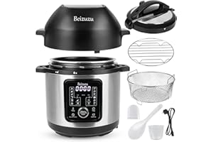 BEIZUZU Pressure Cooker Air Fryer Combo: 6 Quart 8 in 1 Electric Pressure Cooker with Air Fryer Lid, Multi Cooker with Slow Cooker, Rice Cooker, Steamer, etc, Include Stainless Steel Fry Basket, Roast Rack