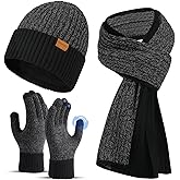 floconssy Men's Scarf Hats Gloves Sets Winter Gifts, 3 PCS Fleece Lined Beanie Warm Long Scarves for Cold Weather Christmas