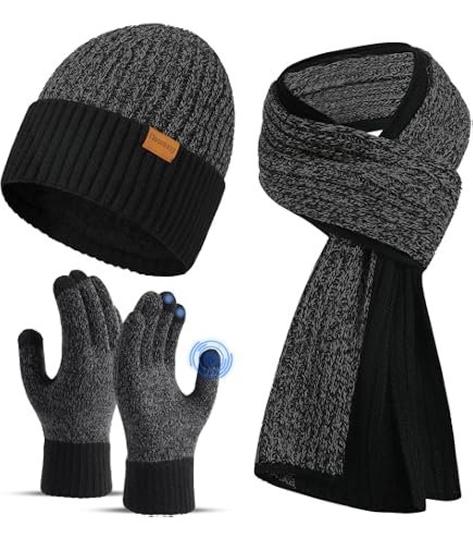 LOROME Winter Hat Scarf Gloves Set, Knitted Ribbed Beanie  display picture 1