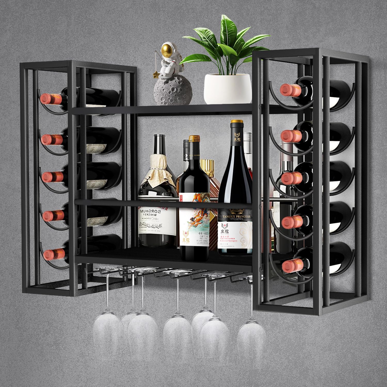 Photo 1 of FLRH Wall Mount Wine Racks with Glass Holder, Metal Bottle Holder Glass Rack Wall Mount, 2-Tiers Multipurpose Metal Shelf for Home Bar, Kitchen, Dining Room (Black)