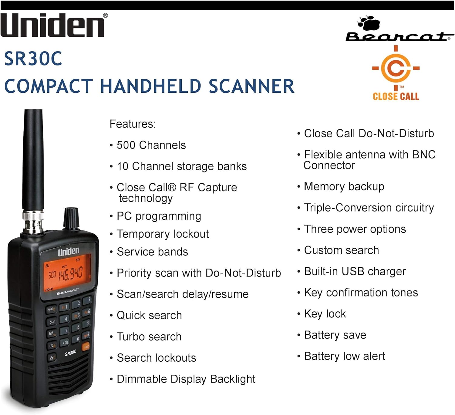 Uniden SR30C BearCat, 500-Channel Compact Handheld Scanner, Close Call RF Capture technology, Turbo Search, PC programming, NASCAR, Auto Racing, Public Safety, Police, Fire, EMS, Marine, Civil Air: Electronics