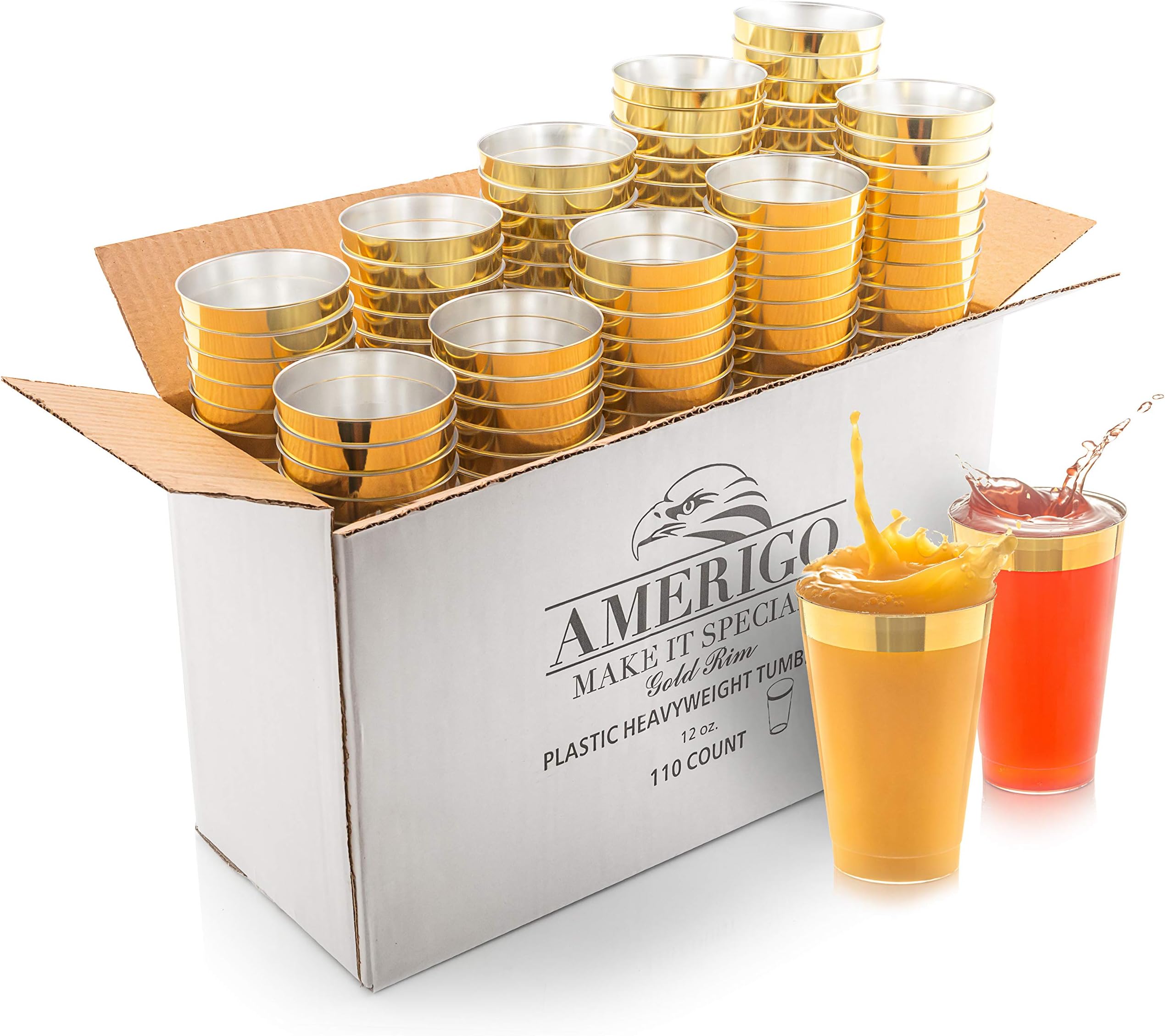 110 Elegant Gold Rimmed Clear Plastic Cups - 12 oz Disposable Plastic Tumblers - Hard Solo Cups for Wedding, Party or Any Special Event - Party Cups - Recyclable Party Glasses for Drinks - Punch Cups