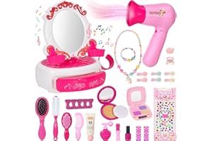 VGOFUN Hair Salon Toys for Girls,27pcs Toddler Beauty Salon Playset Beauty Hair Stylist Kit with Music Light Vanity & Realistic Hairdryer,Kids Pretend Play Makeup Set Gift for Birthday Christmas