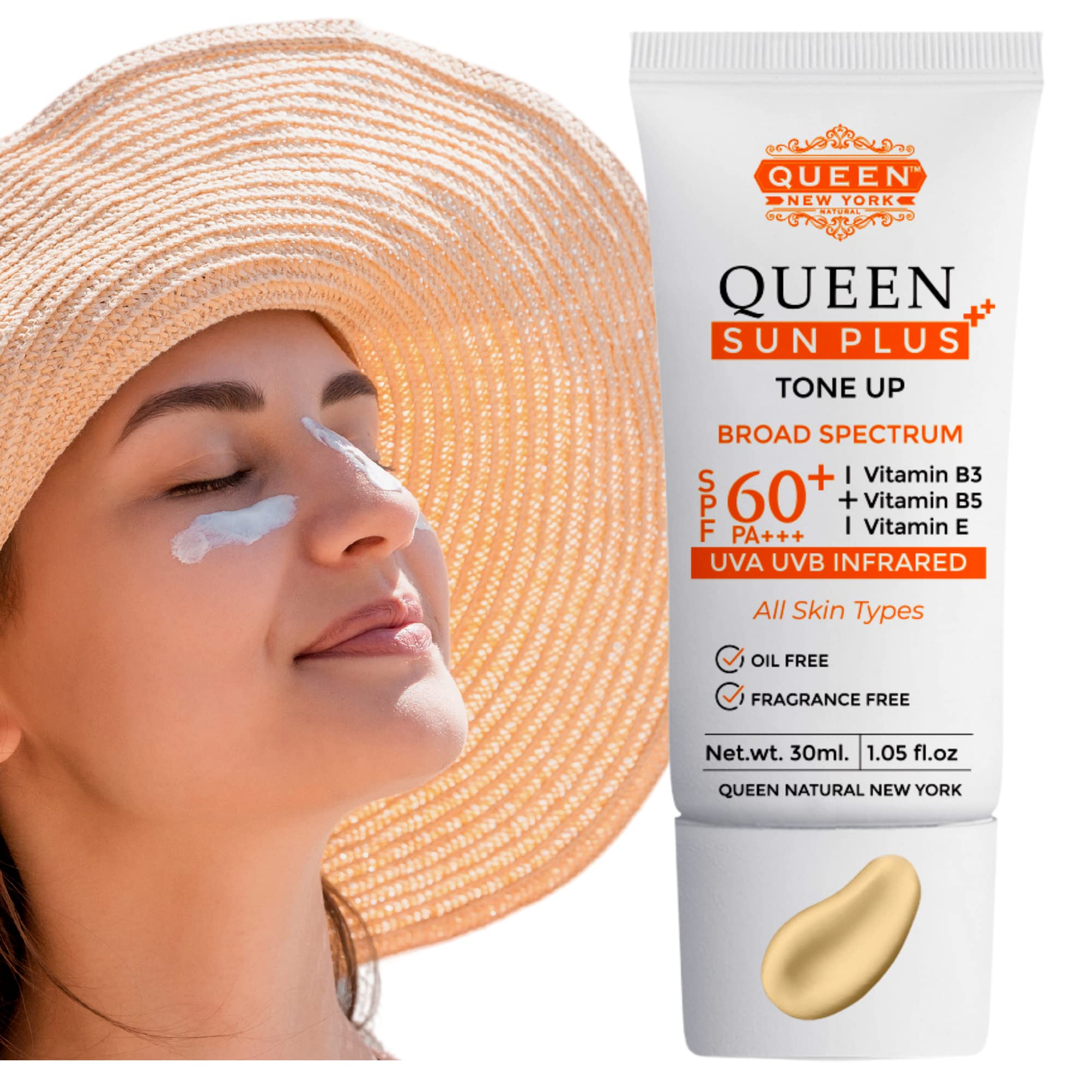QUEEN SUN PLUS | Tone Up SunScreen SPF 60 PA+++Primer-Anti Aging, Face Moisturizer- Vitamin B3, B5, E- Non-Greasy, Silky Touch, Instant dry-oil free, fragrance free by QUEEN NATURAL NEW YORK