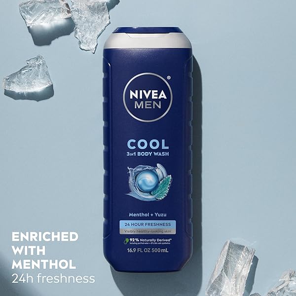 NIVEA MEN COOL BODY WASH, ICY MENTHOL AND YUZU SCENT, 3-IN-1 MEN’S BODY WASH, FACE AND HAIR, PARABEN FREE, PH-SKIN FRIENDLY, 16.9 FL OZ BOTTLE