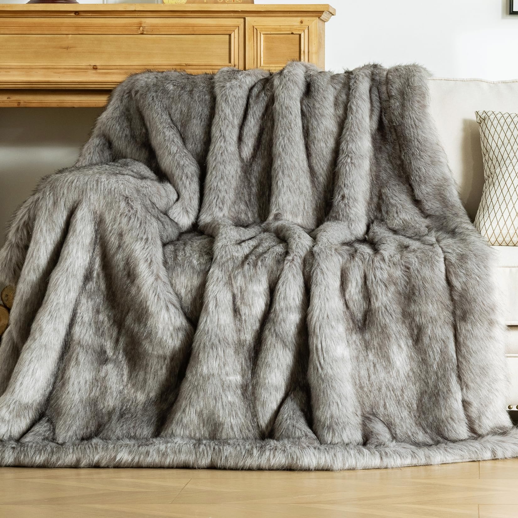 Photo 1 of OMERAI Faux Fur Blanket, Ultra Soft Luxury Fuzzy Throw Blanket, Long Pile Plush Cozy Warm Decorative Blanket for Couch, Sofa, Chair, Bed, Heavy Weight, 60" x 80", Gray
