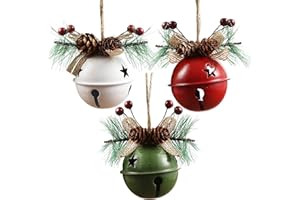 BLESKY Christmas Jingle Bells Ornaments, 3Pcs Craft Christmas Tree Hanging Bell Pendant with Pine Cones Holly Berry and Bow for Xmas Tree Decor Wreath Holiday Party Supplies (Red & Green & White)