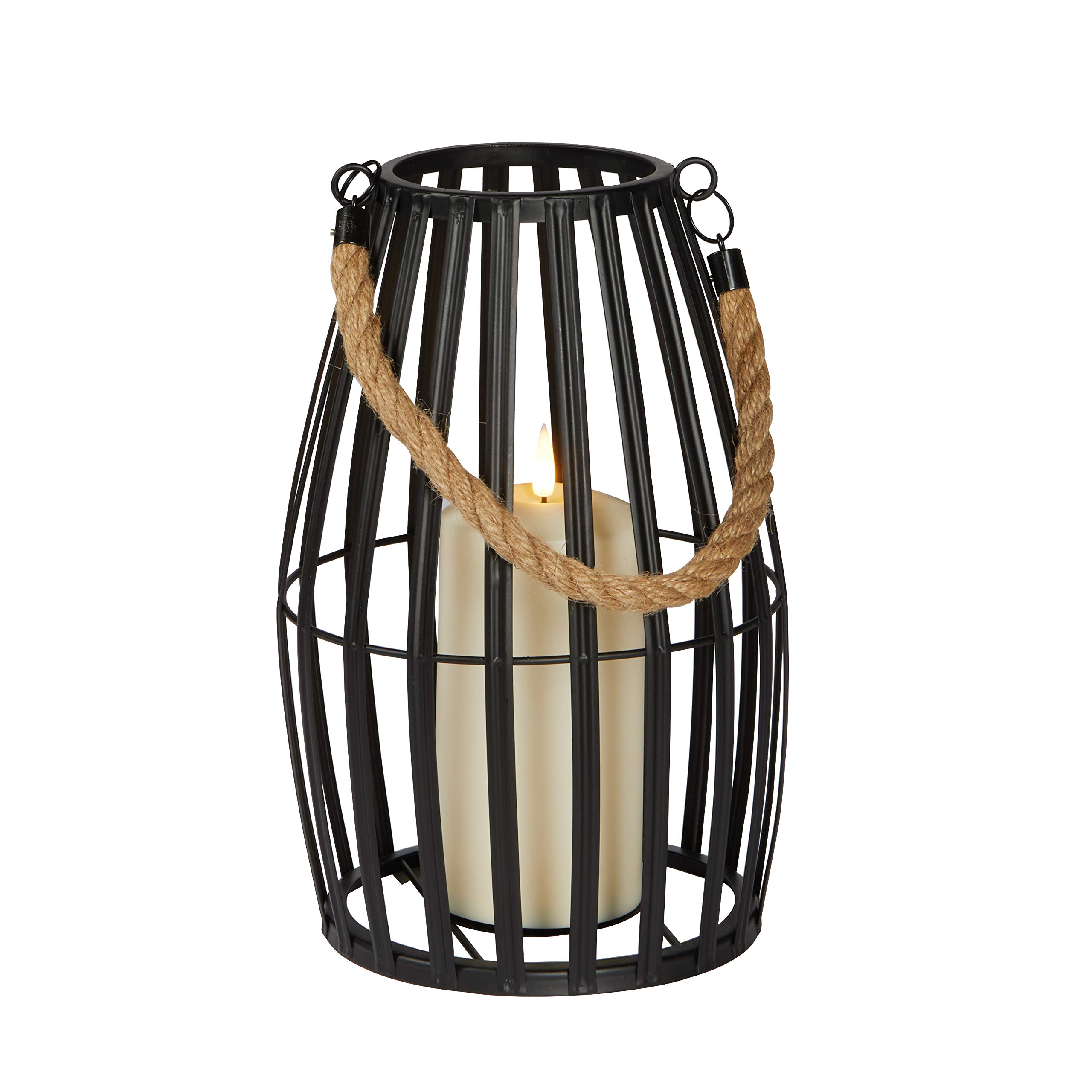 Lights4fun Outdoor Black Metal Slatted Battery Operated Garden Lantern with Rope Handle & TruGlow LED Candle Timer 29cm