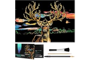 NAIHEY Scratch Art Rainbow Painting Paper DIY Crafts Womens Hobbies Engraving Art Scratchboard Scratch Painting Sketch Pads Birthday Gift for Adults & Kids - 16” x 11.2” (Elk Animal)