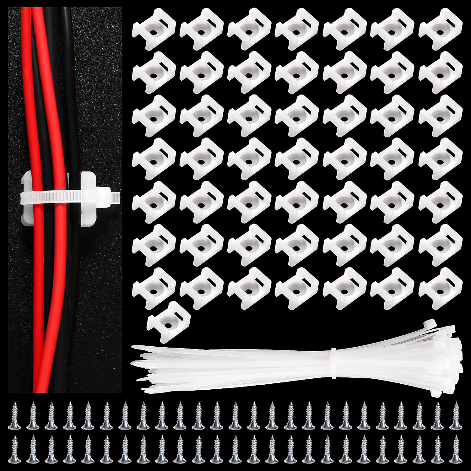 VooGenzek 50 Sets 22.3 * 15.9 mm Saddle Type Cable Tie Mount Bases, Saddle Type Mount Wire Holder, with M3.5 Screws and Cable Ties, for Wire and Cable Tidy, White