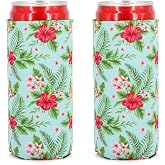 Neoprene Slim Beer Can Cooler Tall Stubby Holder Foldable Stubby Holders Beer Cooler Bags Fits 12oz Slim Energy Drink &amp; Beer (Tropical floral(2Pack))