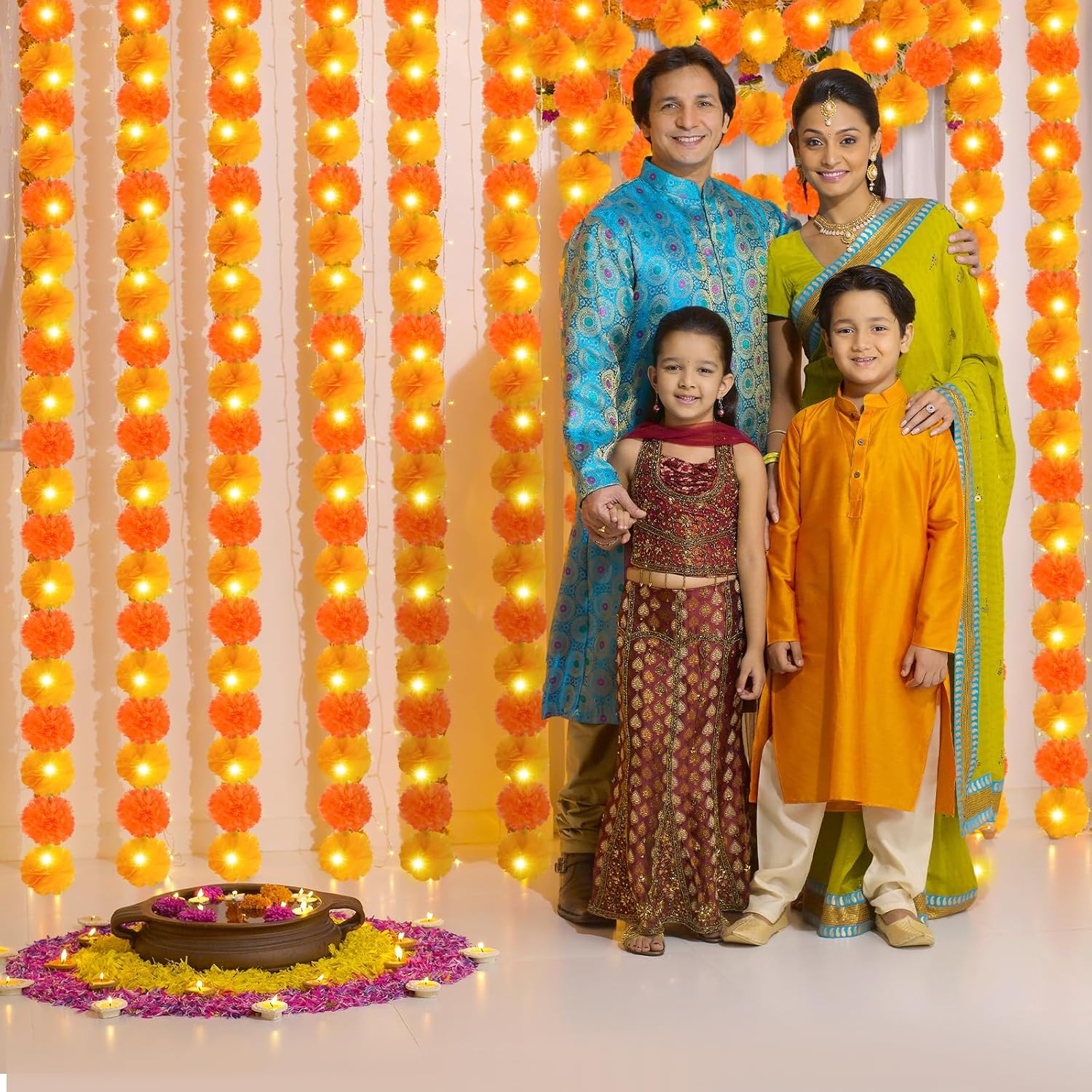 Wreaths, Garlands & Swags - Crowye 5 Pcs 24.6 Feet Marigold Garland with LED Light Marigold Garland for Decoration Artificial Marigold Flowers Garland Faux Indian Garland for Wedding Diwali Christmas (Yellow and Orange)